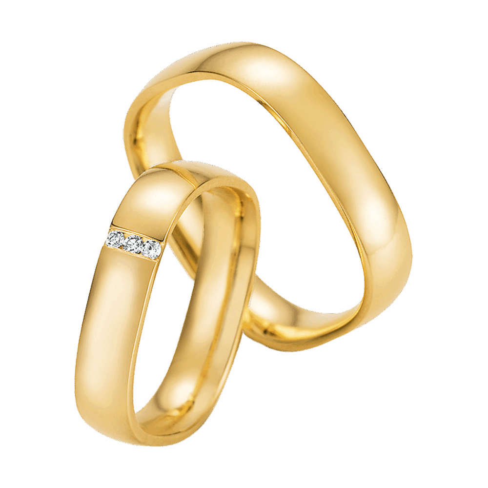 Elegante Eheringe aus Gelbgold mit quadratischer Form, polierter Oberfläche und Brillanten im Damenring