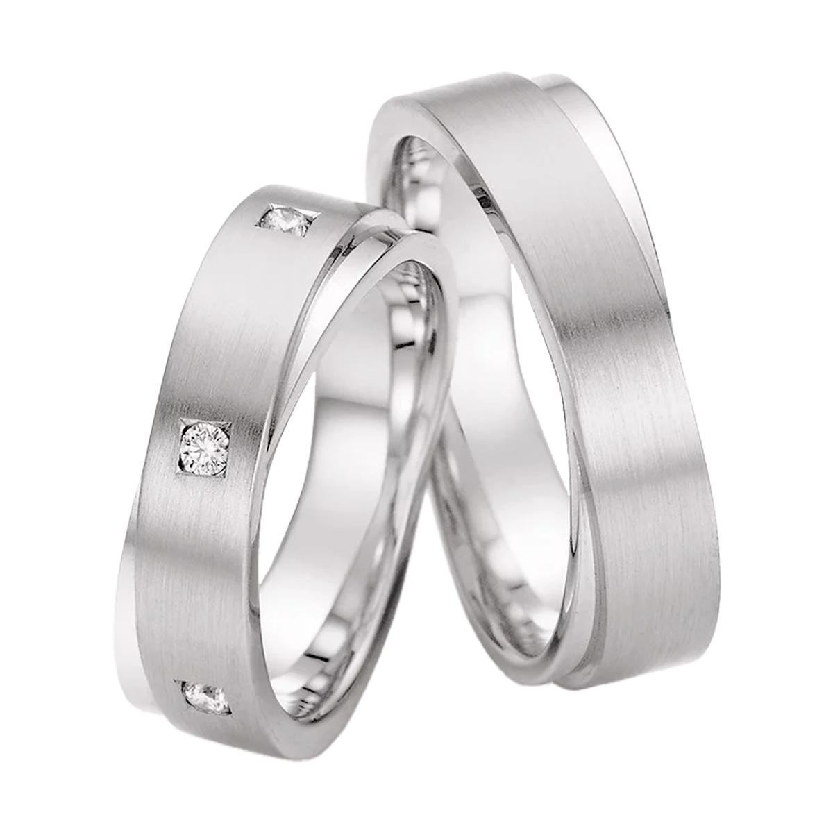 Platinringe Alpine Elegance mit zweistufigem Aufbau, Princess-Diamanten in Rautenform und elegantem Matt-Glanz-Kontrast