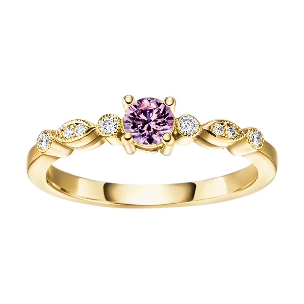 Gelbgoldring „Aria“ mit zentralem Farbstein und geschwungener Linie aus einzeln und paarweise gesetzten Brillanten – kunstvolle Draufsicht