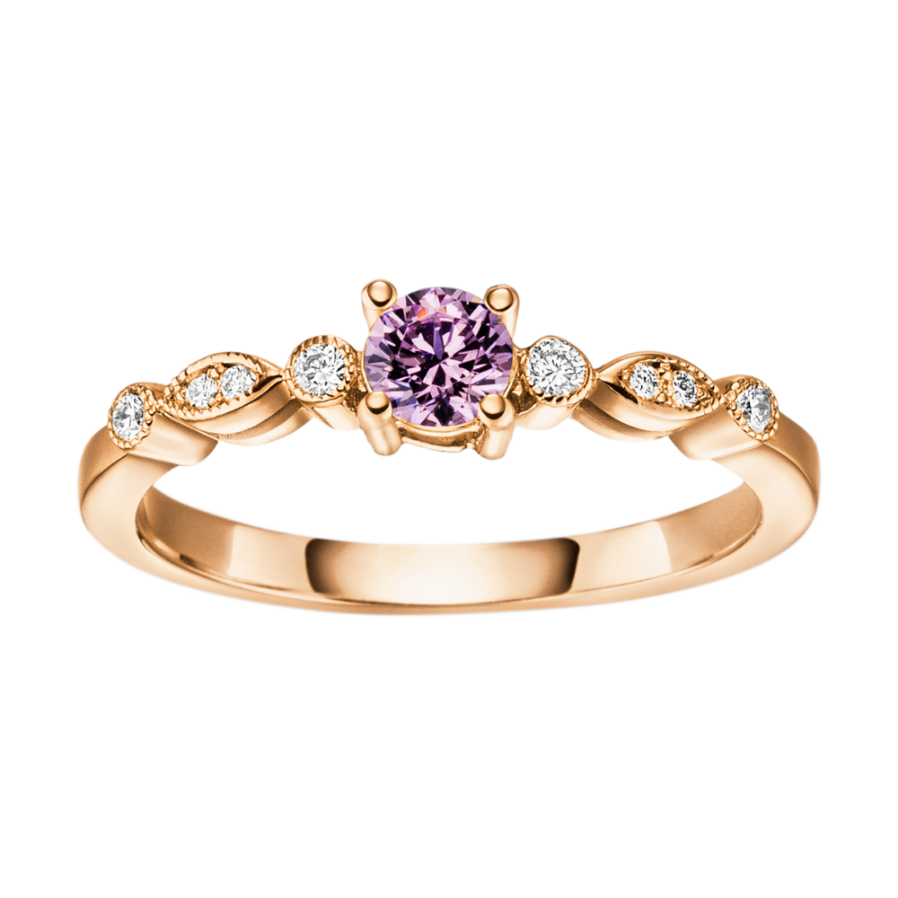 Rotgold-Verlobungsring „Aria“ mit wellenartiger Diamantsetzung und farbigem Mittelpunkt – harmonisches Lichtspiel in Draufsicht