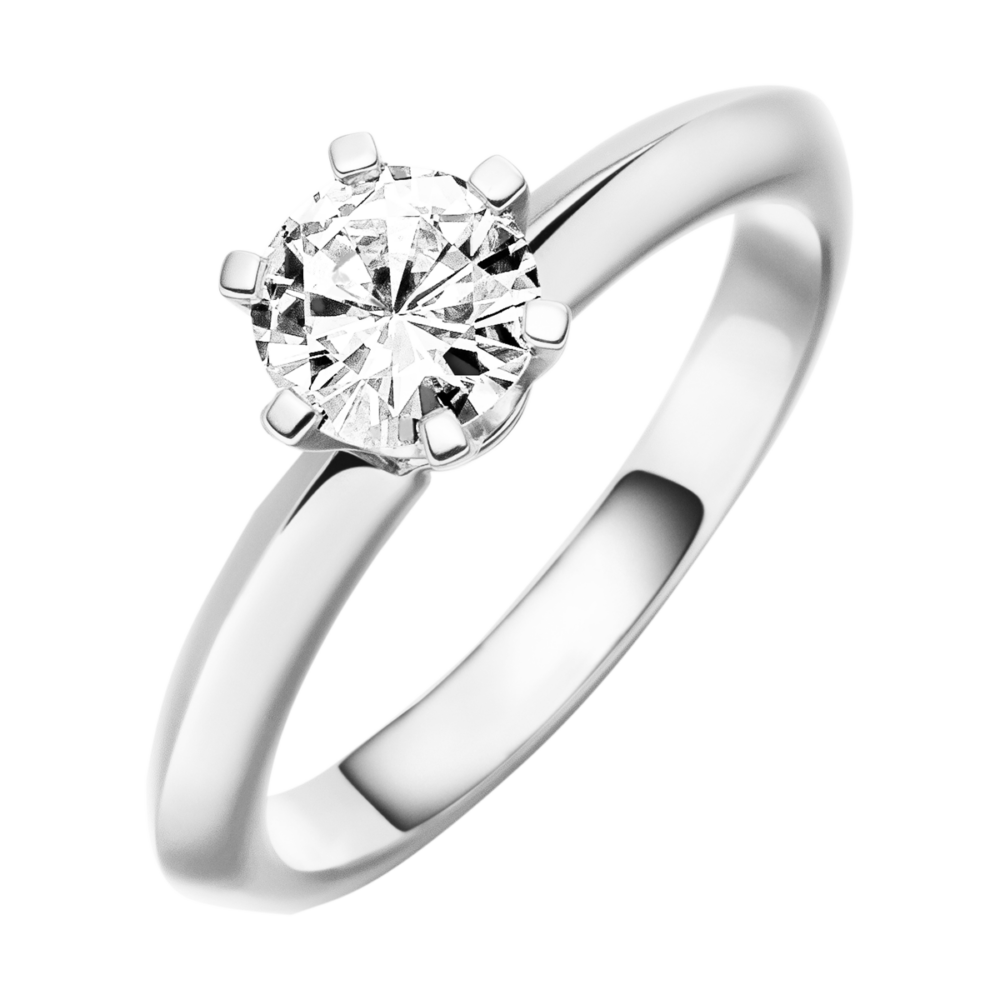 Weißgoldring „Aurora“ mit mittigem Solitär-Diamanten in klassischer Sechskrappenfassung – Draufsicht auf makellose Brillanz