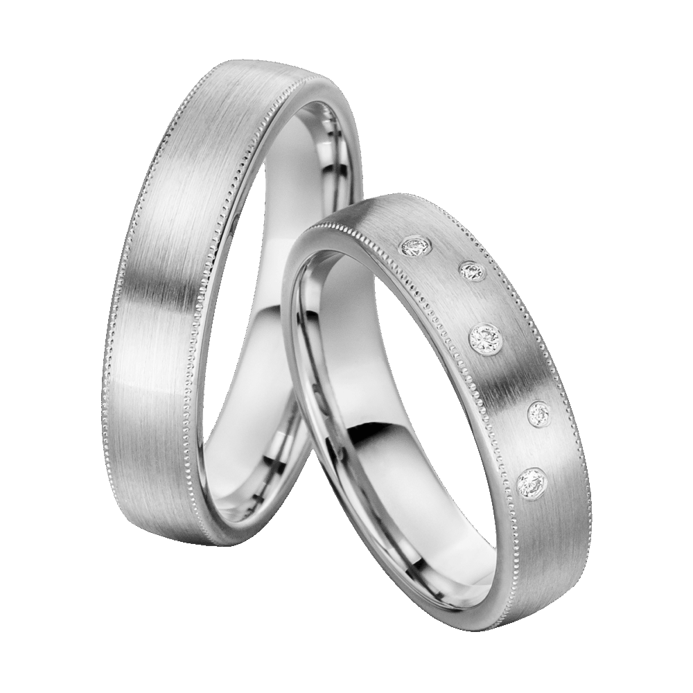 Platinringe Blütenglanz mit längsmatter Oberfläche, Millegriffes rundum und frei gesetzten Diamanten