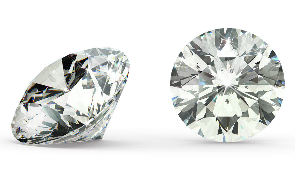Zwei lose Diamanten im Brillantschliff, von der Seite und von oben