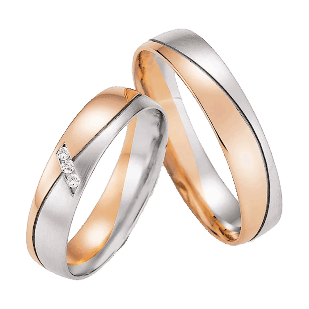 Trauringe Diamantenflug aus Platin und Rotgold mit quer gesetzter Diamantreihe im Brillantschliff, mattiert und poliert kombiniert