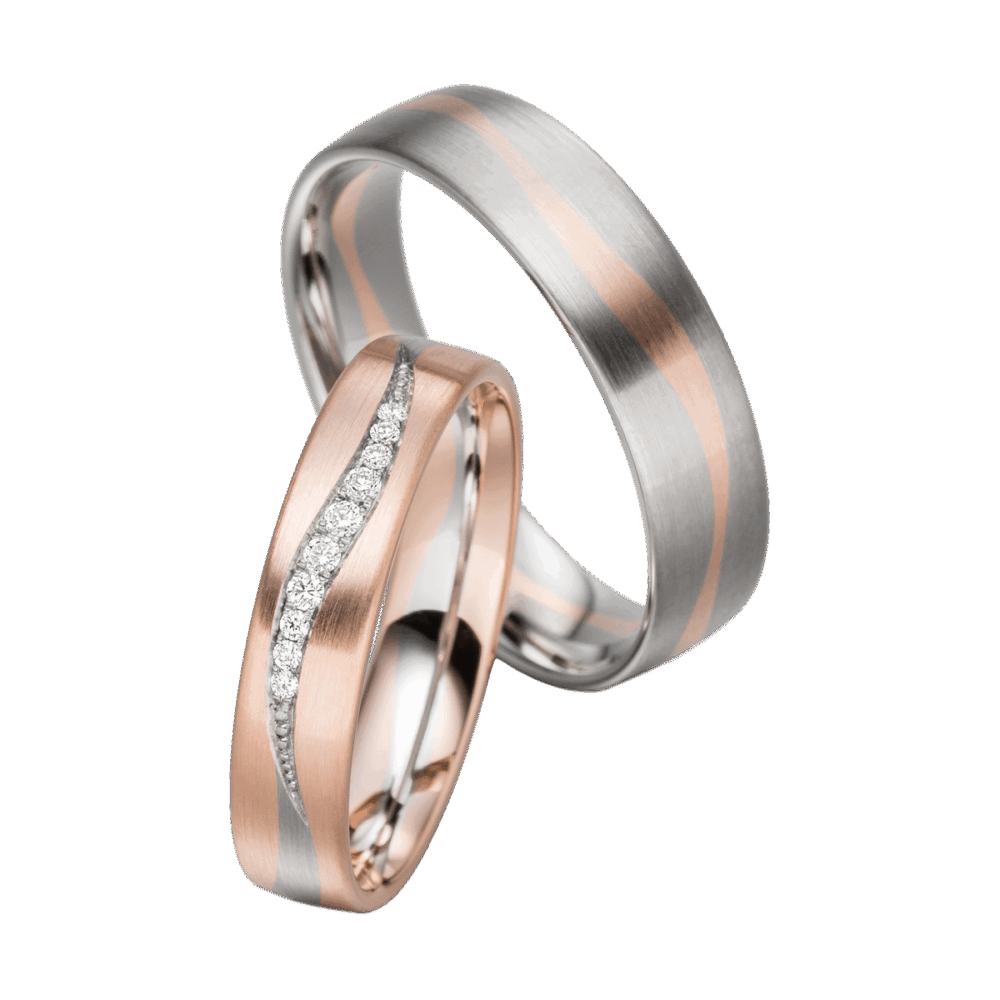Platin-Rotgold-Trauringe mit Wellenmuster und diamantbesetztem Damenring