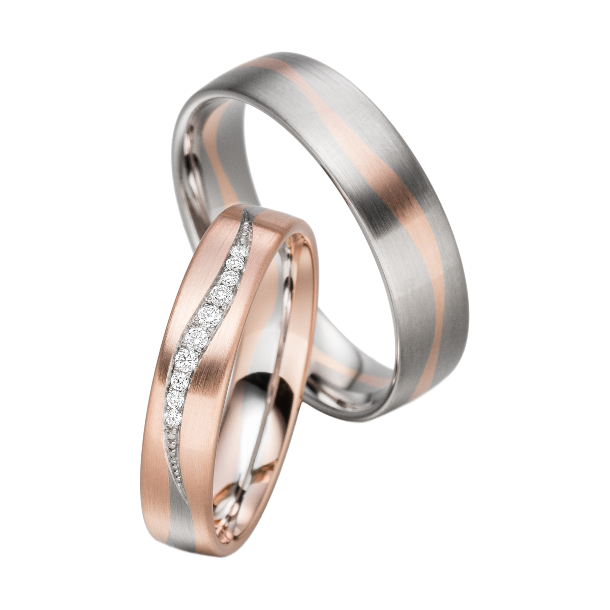 Platin-Rotgold-Trauringe mit Wellenmuster und diamantbesetztem Damenring