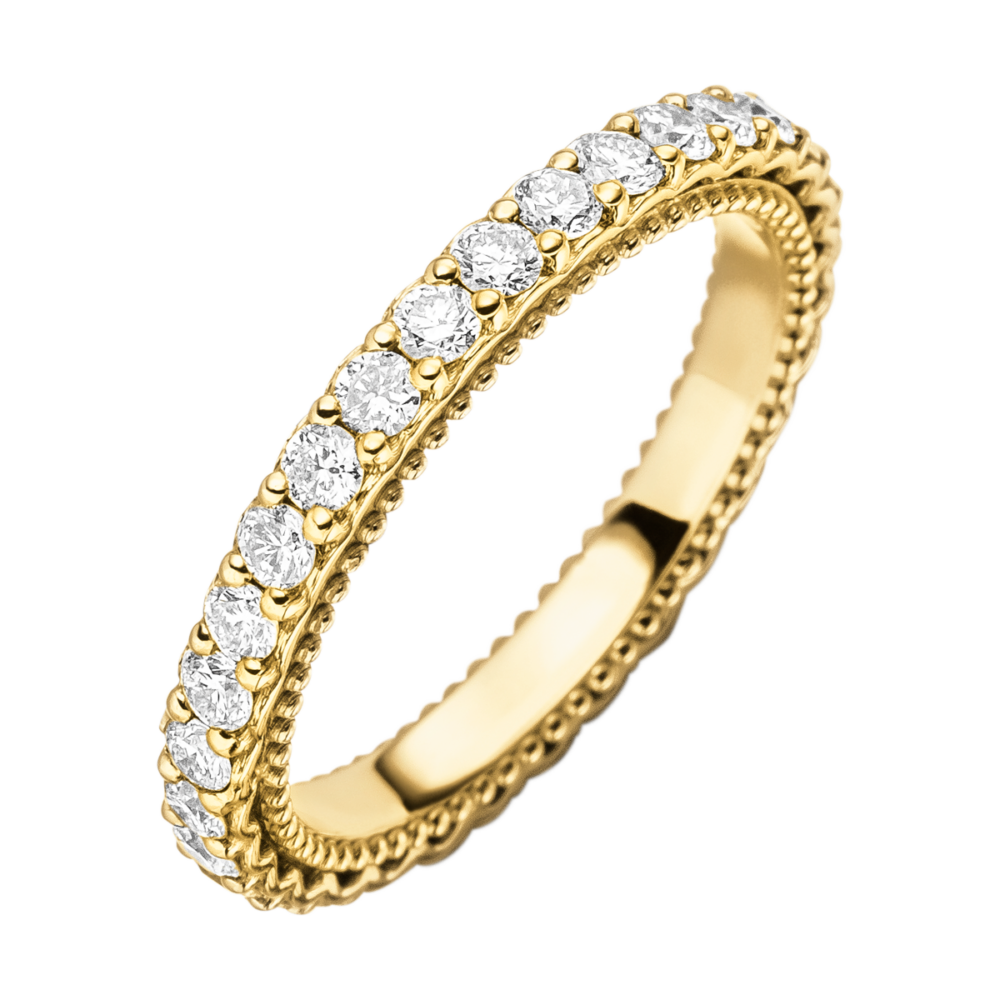 Draufsicht des Gelbgoldrings „Dreamweaver’s Embrace“ mit 30 Diamanten und feiner Perlierung im klassischen Design