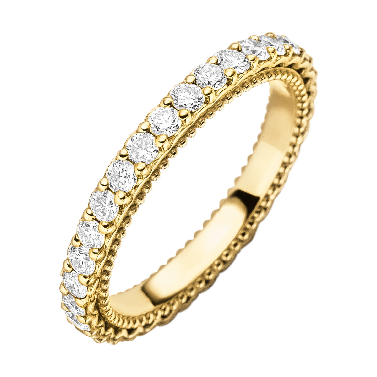 Draufsicht des Gelbgoldrings „Dreamweaver’s Embrace“ mit 30 Diamanten und feiner Perlierung im klassischen Design