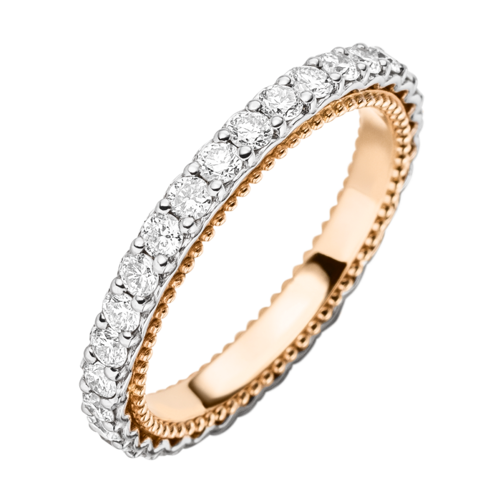 Draufsicht des Rings in Weißgold-Roségold mit 30 Brillanten und perlverzierter Ringschiene