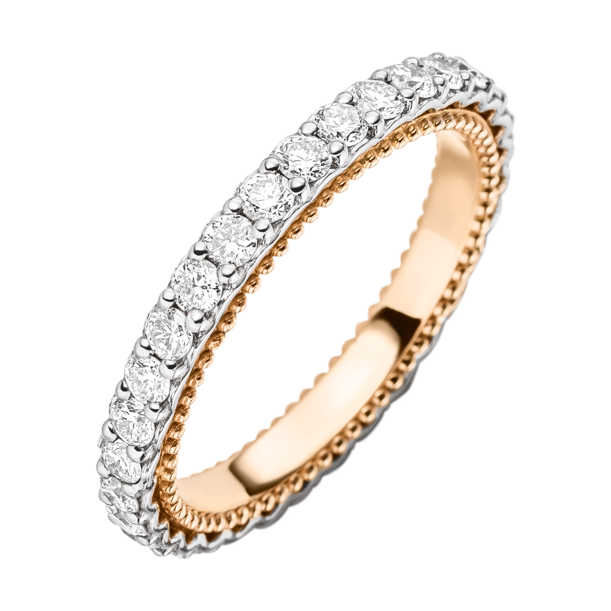 Draufsicht des Rings in Weißgold-Roségold mit 30 Brillanten und perlverzierter Ringschiene