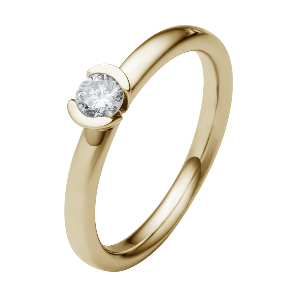 Verlobungsring „Enigma“ aus Gelbgold mit 0,25 ct Brillant, gehalten von zwei Halbmondfassungen – raffiniertes Design mit strahlender Symbolik