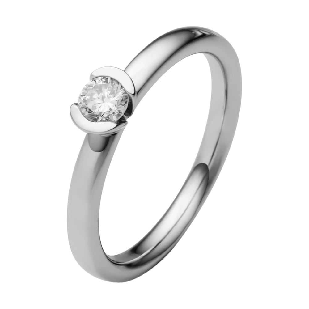 Weißgoldring „Enigma“ mit zentralem 0,25 Karat Brillanten, eingefasst in zwei offenen Bögen – minimalistisch und kraftvoll