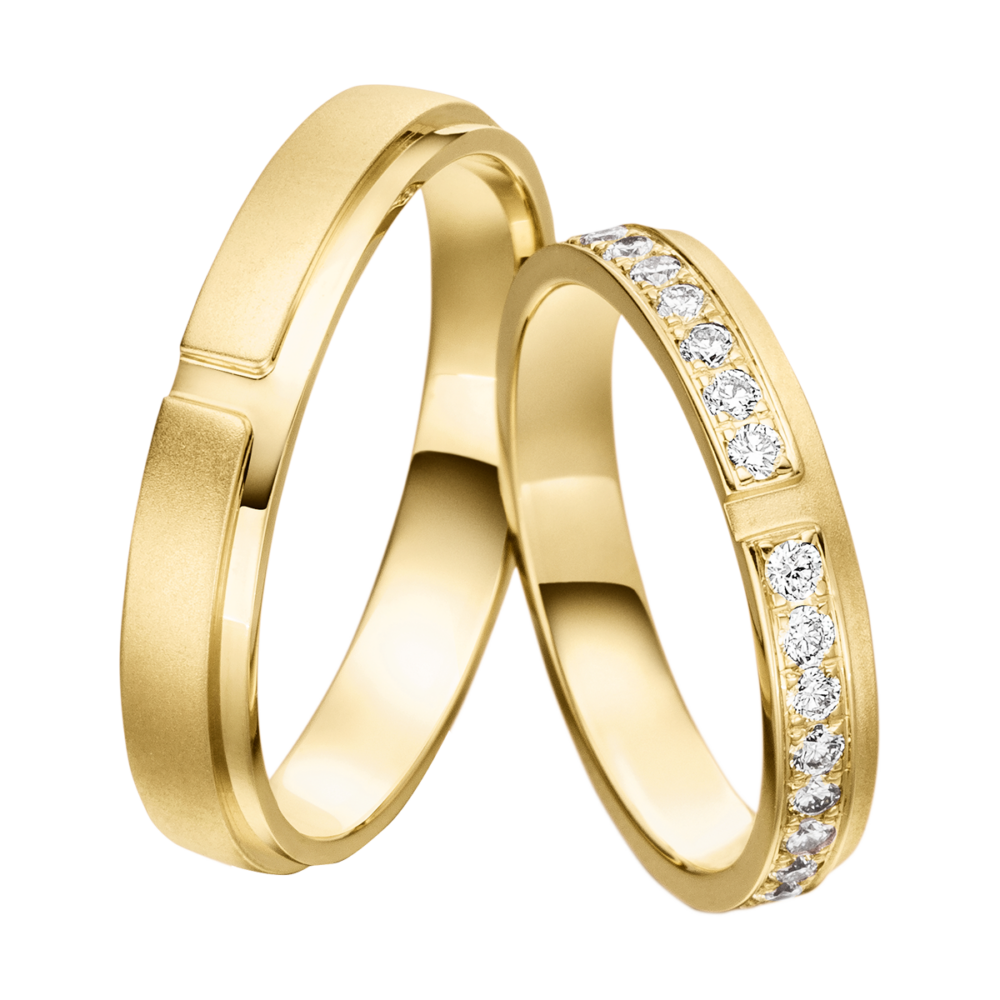Gelbgoldener Verlobungsring „Ewige Liebe“ mit stufenförmigem Design, sandmatter Oberfläche und Brillanten im Vollbesatz