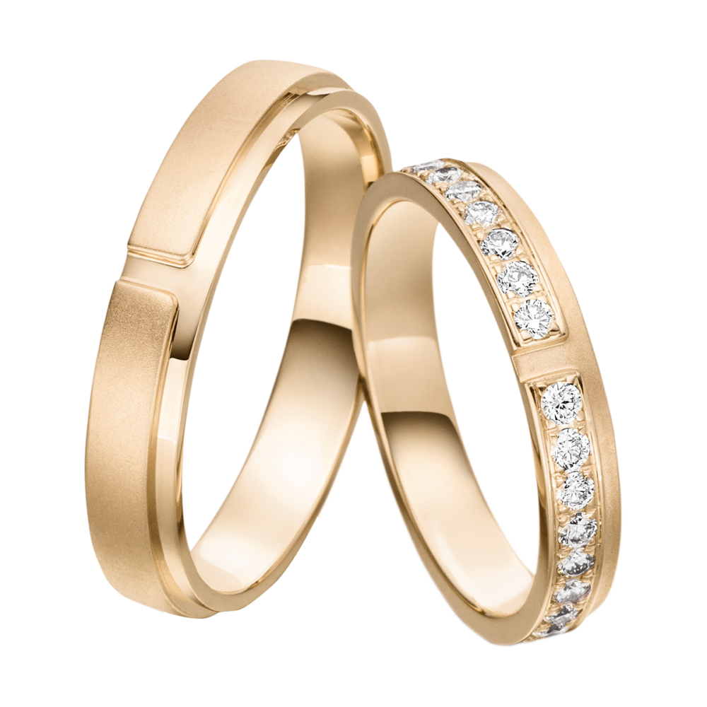 Roségoldener Verlobungsring „Ewige Liebe“ mit fein satinierter Textur, stufenartigem Design und umlaufenden Brillanten in Verschnittfassung