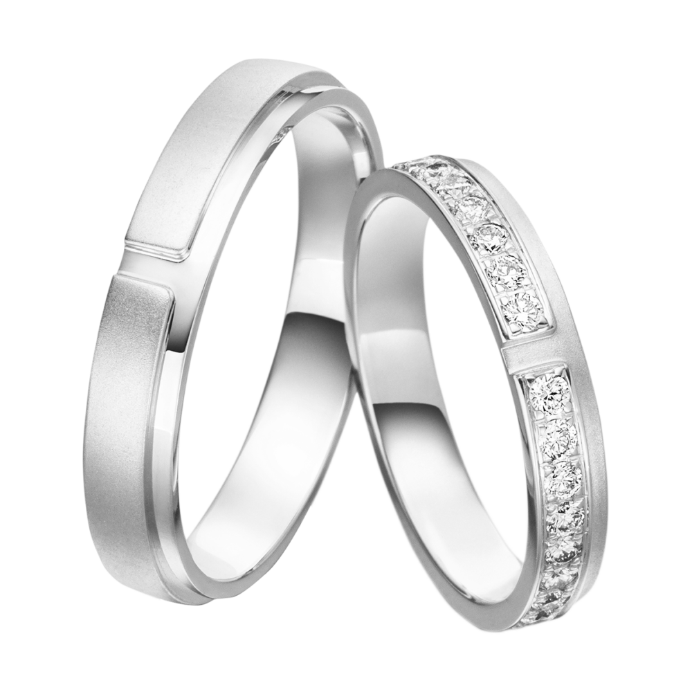 Weißgoldener Verlobungsring „Ewige Liebe“ mit sandmatter Textur, präziser Stufenstruktur und Diamant-Vollbesatz