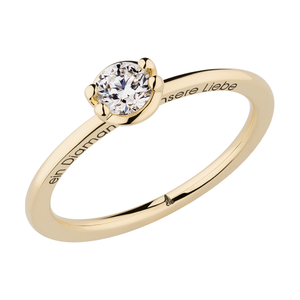 Verlobungsring „Fairy Dust“ aus Gelbgold mit 0,35 ct Diamant im Brillantschliff und filigraner 4-Krappenfassung – romantisch, warm und personalisierbar