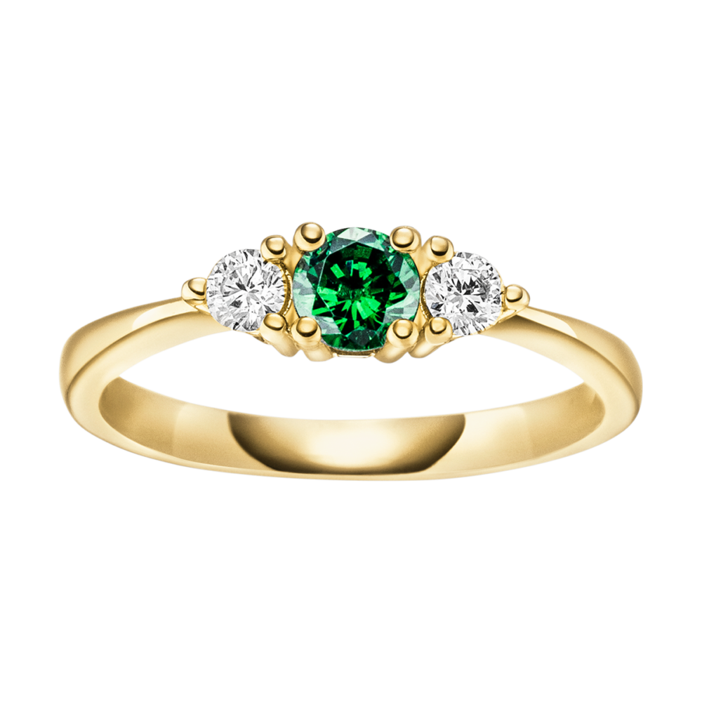 Verlobungsring „Forestmagic“ aus Gelbgold mit tiefgrünem Mittelstein und zwei Brillanten – inspiriert vom Zauber des Waldes