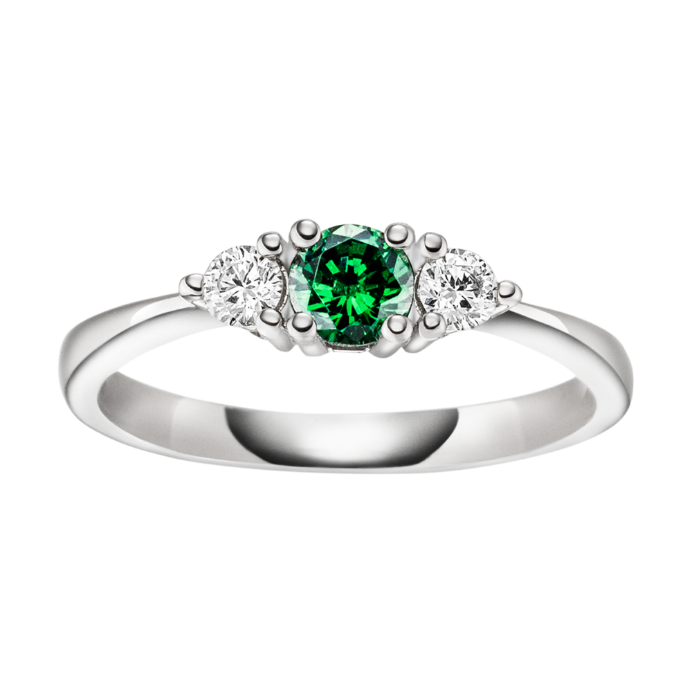 Platinring „Forestmagic“ mit leuchtendem Mittelstein in Waldgrün und zwei funkelnden Brillanten – luxuriös, natürlich, einzigartig