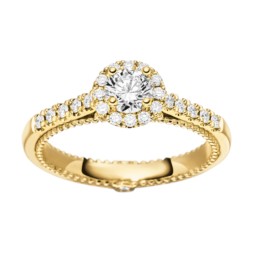 Gelbgold-Verlobungsring „Forever Yours“ mit 0,42 ct Mittelstein, Halo-Fassung und 25 Brillanten in edler Draufsicht