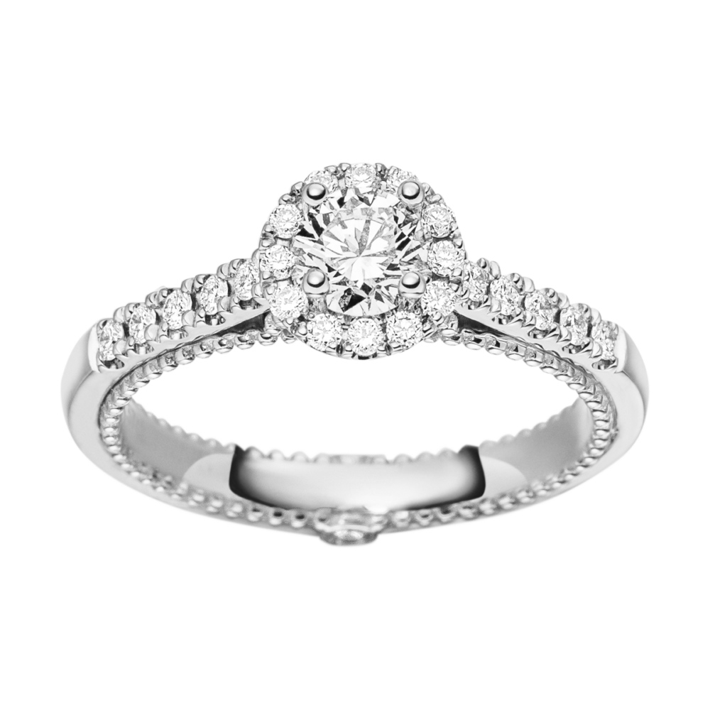 Platinring „Forever Yours“ mit zentralem Brillant, eingefasst in Halo und halbgefassten Seitendiamanten – Draufsicht auf stilvolle Struktur