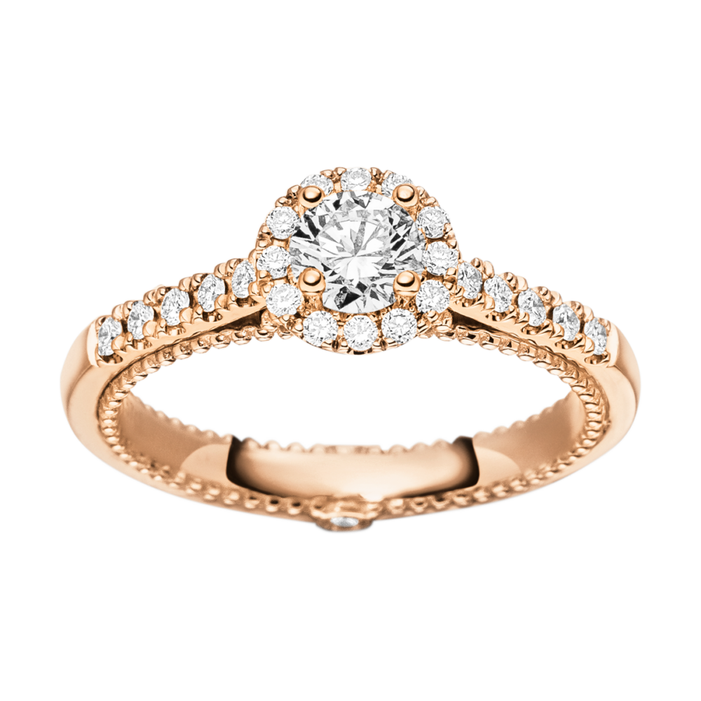 Rotgoldring „Forever Yours“ mit zentralem Brillanten, umgeben von Diamantenkranz und funkelnder Halbbesatzfassung