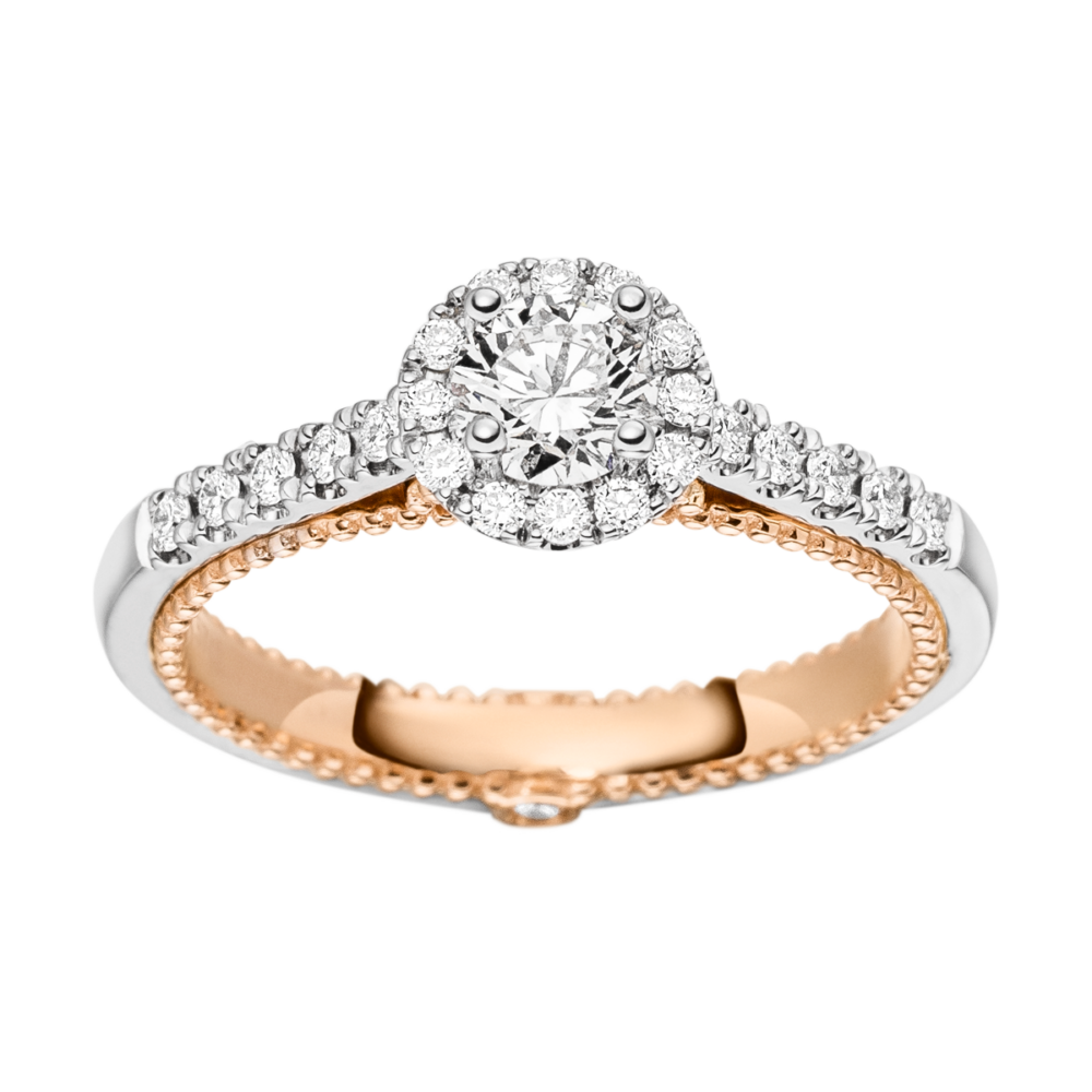 Bicolor-Ring „Forever Yours“ mit 0,42 Karat Brillant, feinem Halo und wechselbarem Schienendesign – luxuriöse Draufsicht