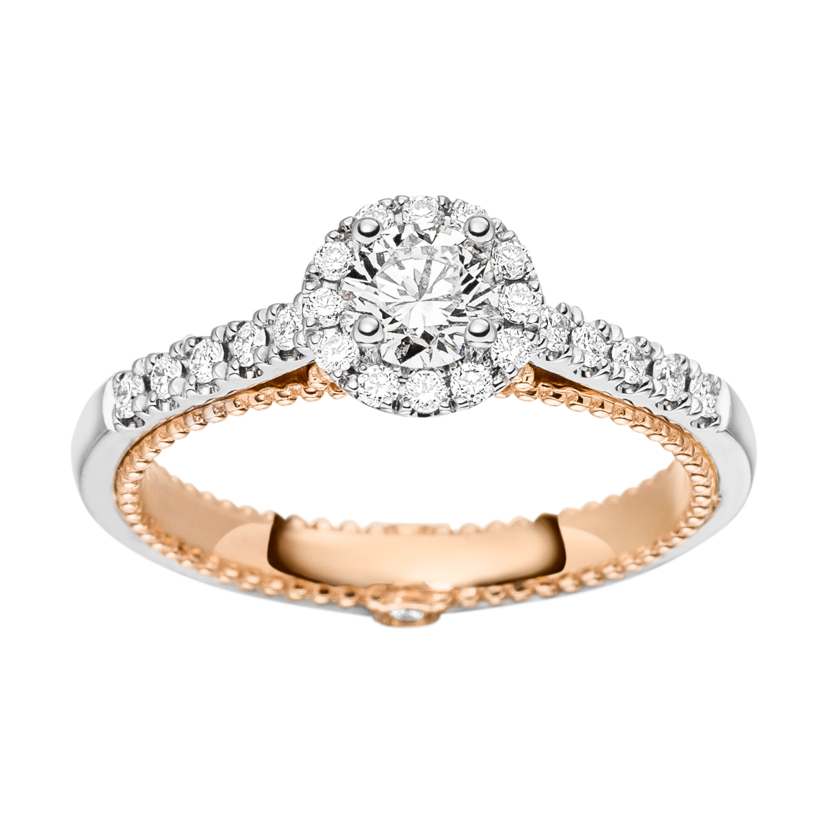 Bicolor-Ring „Forever Yours“ mit 0,42 Karat Brillant, feinem Halo und wechselbarem Schienendesign – luxuriöse Draufsicht
