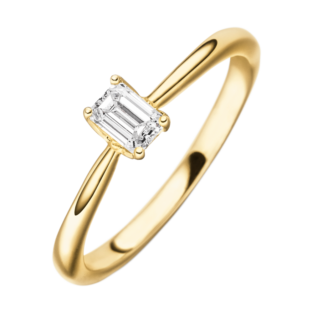 Draufsicht des Glanzzeit Verlobungsrings in Gelbgold mit zentralem Emeraldschliff-Diamanten – stilvoll, klar und strahlend