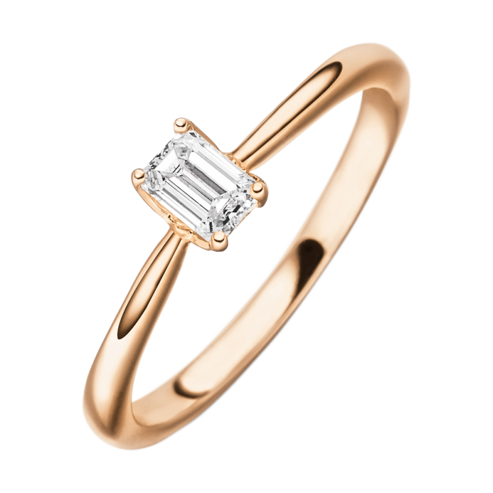 Rotgold-Verlobungsring „Glanzzeit“ mit rechteckigem Diamant in Emeraldschliff – raffinierte Draufsicht voller Tiefe