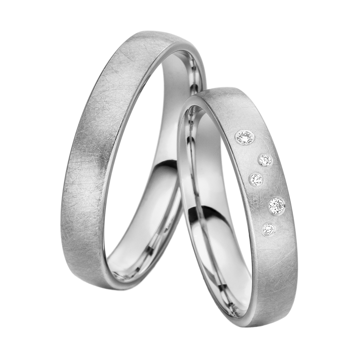 Platinringe Gletscherlicht mit zarter Textur und fünf meisterhaft eingeriebenen Diamanten im Brillantschliff
