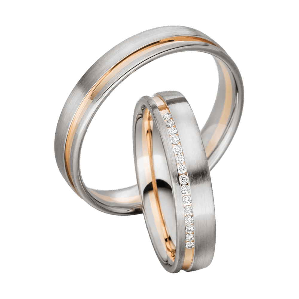 Bicolor-Ring aus Platin und Roségold mit edler Fuge und Brillantschliff-Diamanten – Ausdruck harmonischer Verbundenheit