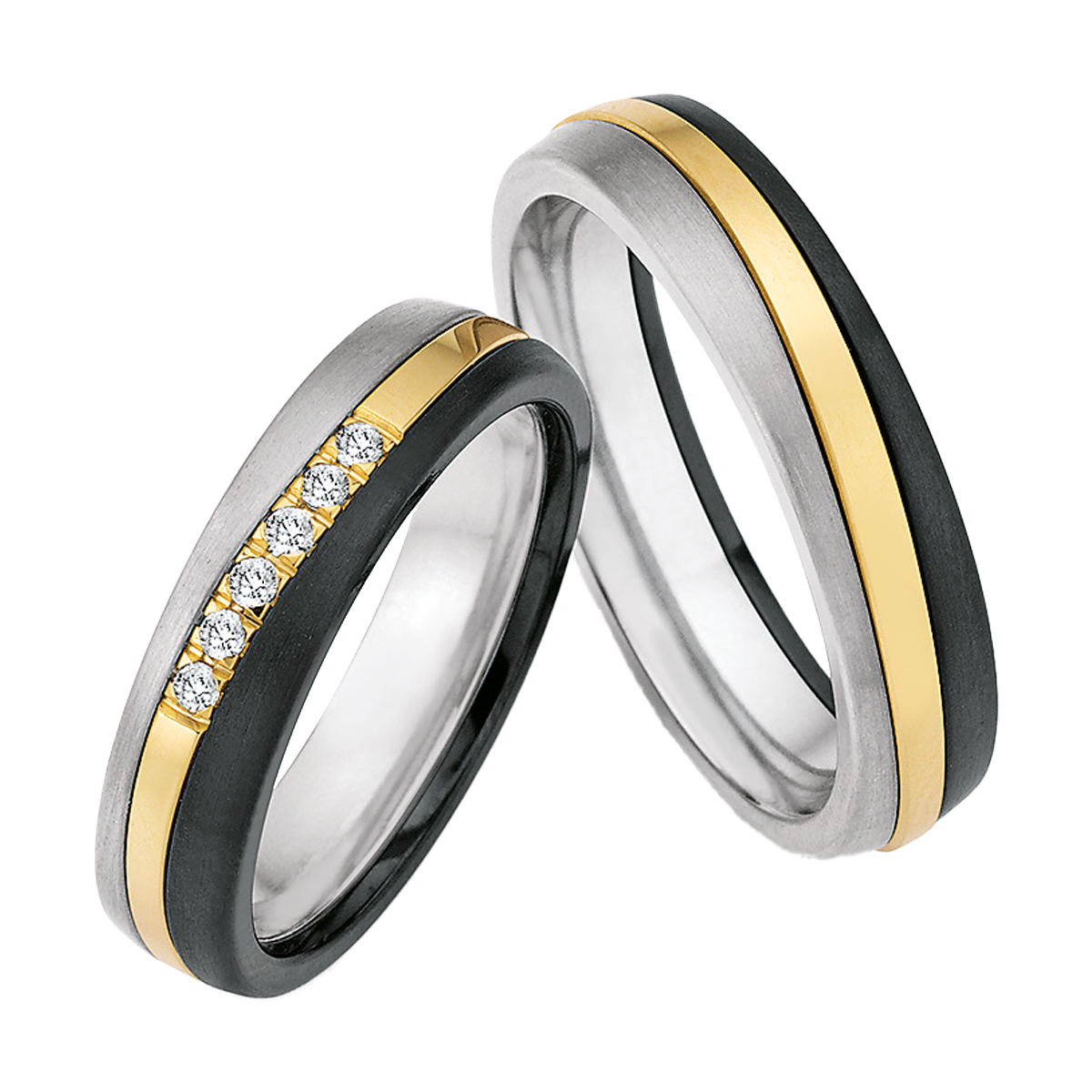 Tricolor-Trauringe aus Titan, Zirconium und Gold mit wellenförmigem Design und mittig gefassten Diamanten im Brillantschliff