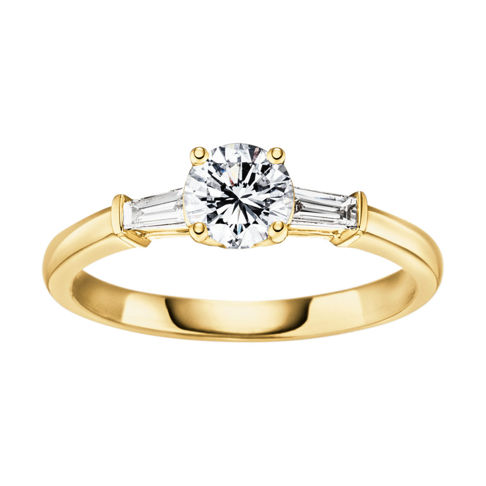 Gelbgoldring „Grace Kelly“ mit zentralem Brillant und zwei seitlichen Trapez-Diamanten – elegante Draufsicht auf königliche Harmonie