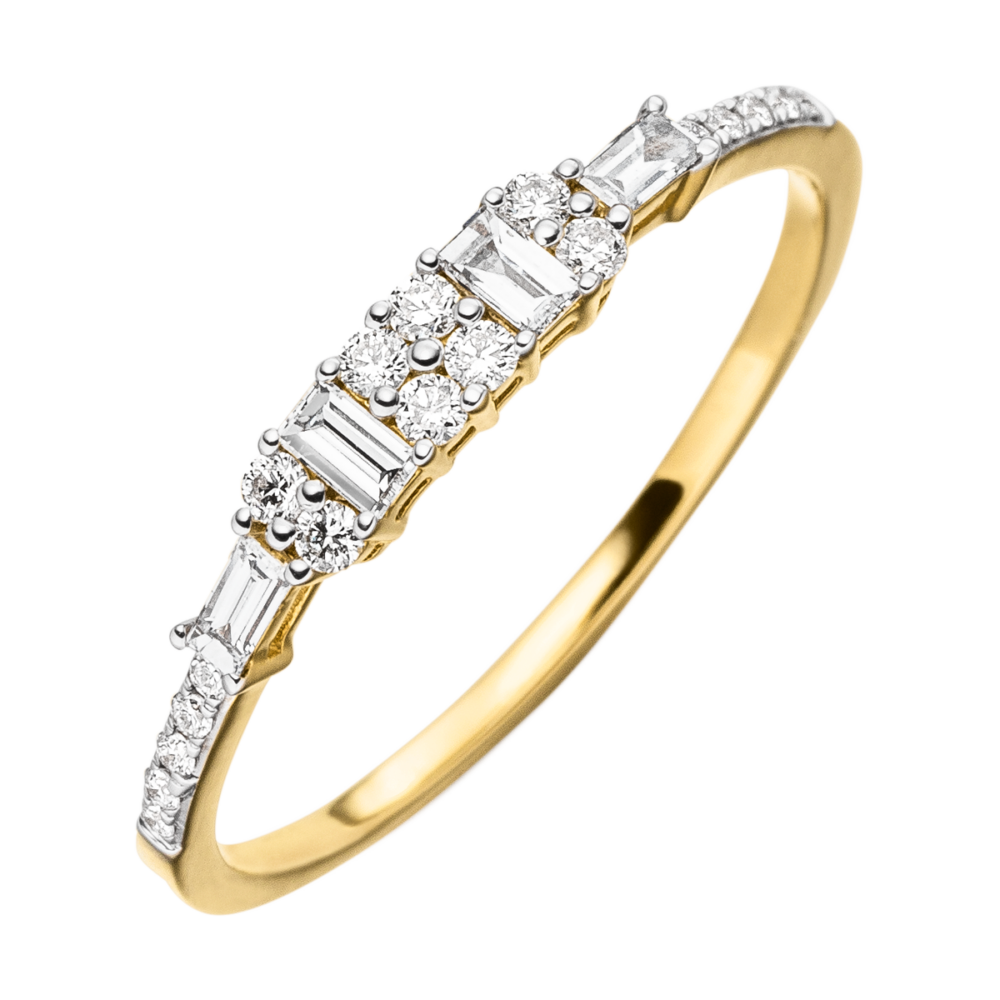 Gelbgold-Verlobungsring „Harmony“ mit abwechselnd gefassten Brillant- und Baguette-Diamanten – elegante Draufsicht voller Raffinesse