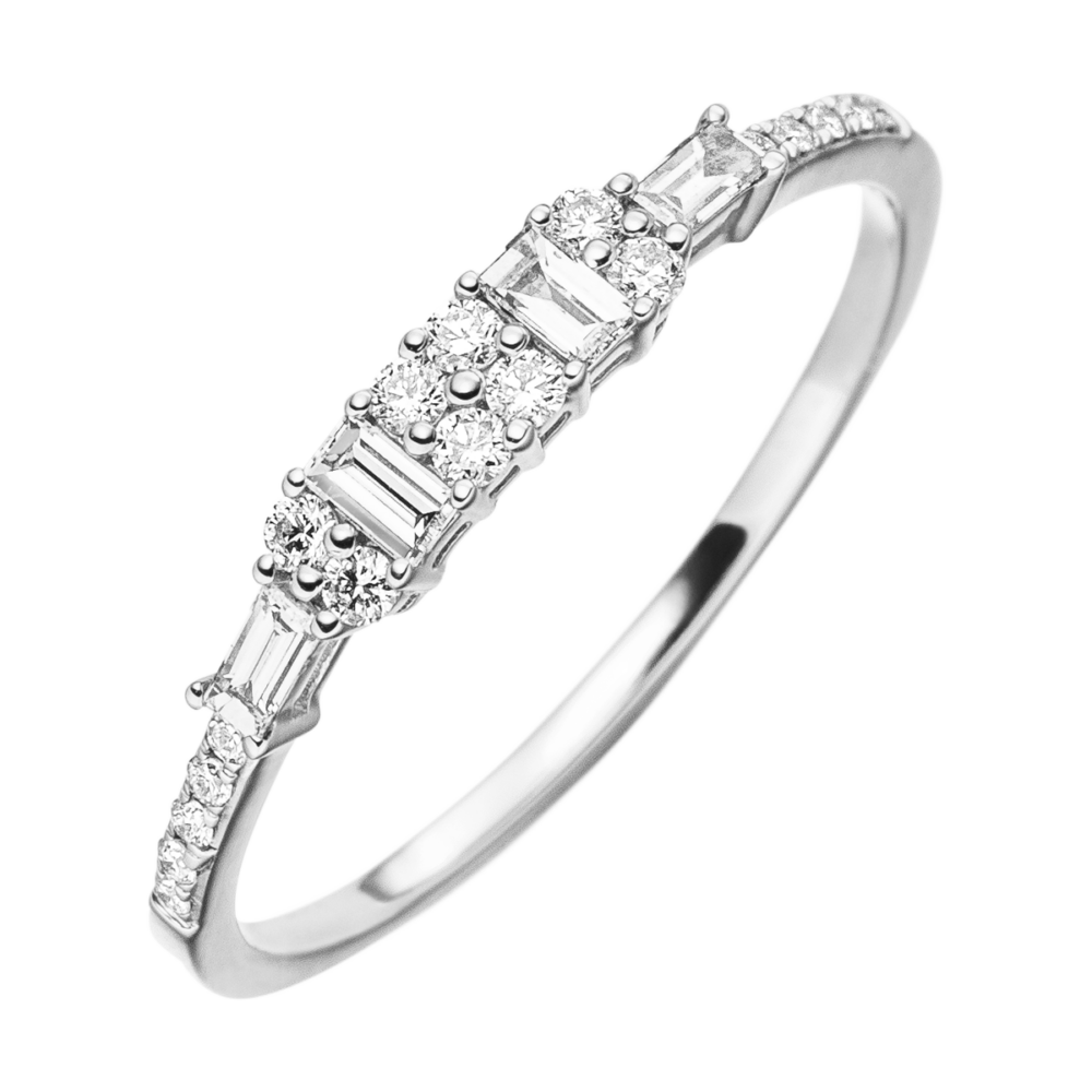Platinring „Harmony“ mit Brillant- und Baguetteschliff-Diamanten in strukturierter Anordnung – Ausdruck zeitloser Klasse und Klarheit