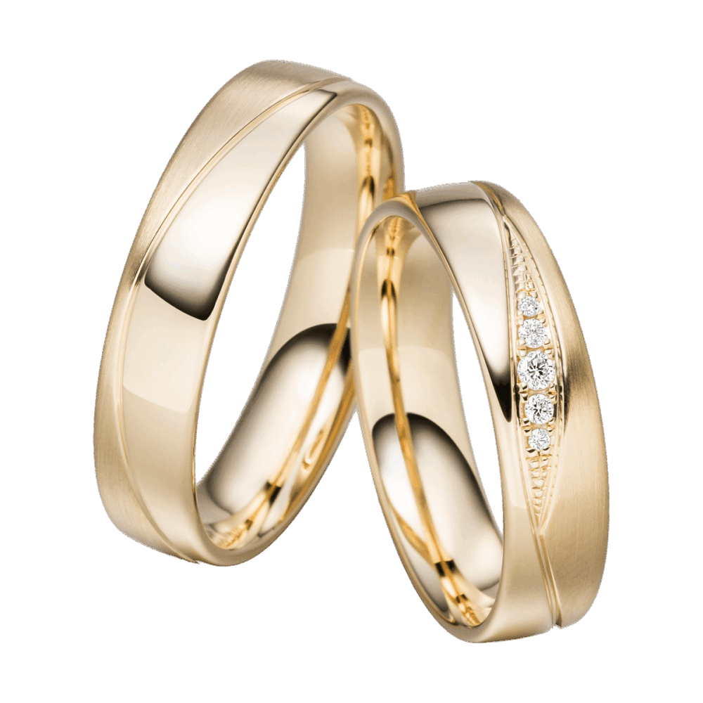 Gelbgoldene Trauringe mit Wellenfuge und Brillanten – Symbol ewiger Liebe aus der Kollektion „Verliebte Schwäne“