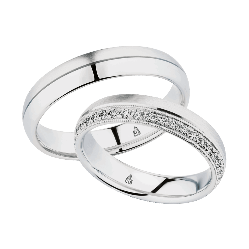 Weißgold-Trauringe mit 39 brillantgeschliffenen Diamanten in Verschnittfassung und eleganten Details