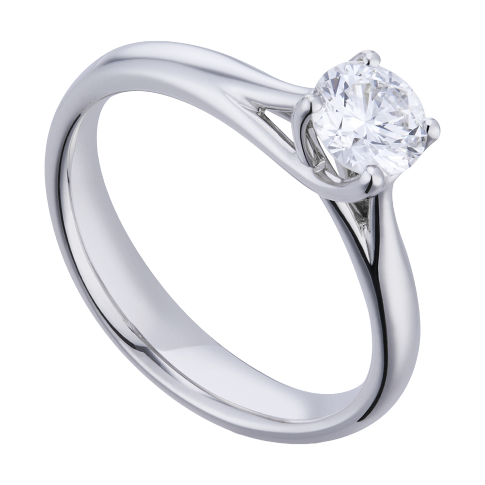 Platinring „Herzklang“ mit brillantem Solitär und weich zulaufender, verschlungener Ringschiene – modern, sinnlich und zeitlos schön