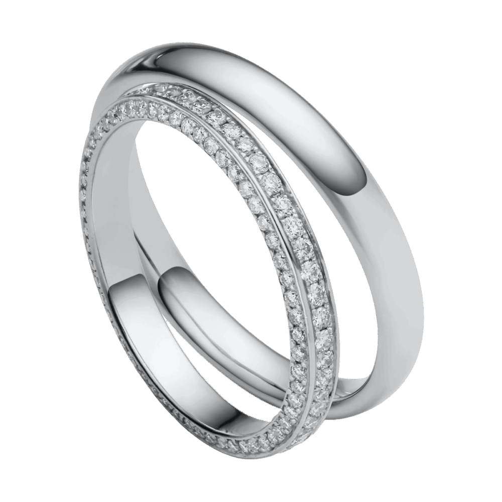 Platin-Trauringe mit rundum eingefassten Brillanten im Brillantschliff – eleganter Glanz auf allen Seiten