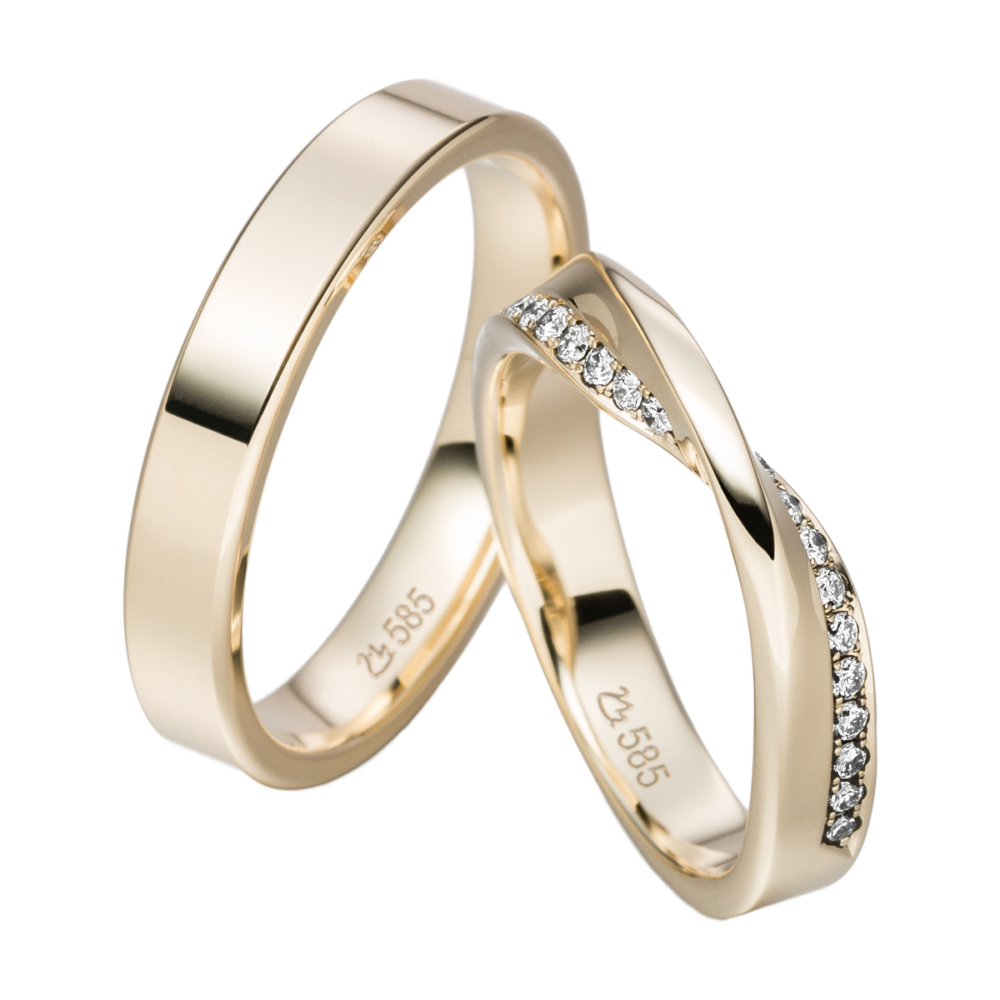 Chamoisgoldener Ring mit polierter Oberfläche, halb besetzt mit Brillanten in Möbiusschleifenform – Sinnbild unendlicher Verbundenheit