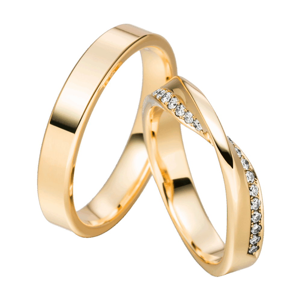 Gelbgoldener Ring mit polierter Oberfläche, halb besetzt mit Brillanten in Möbiusschleifenform – Symbol unendlicher Verbundenheit