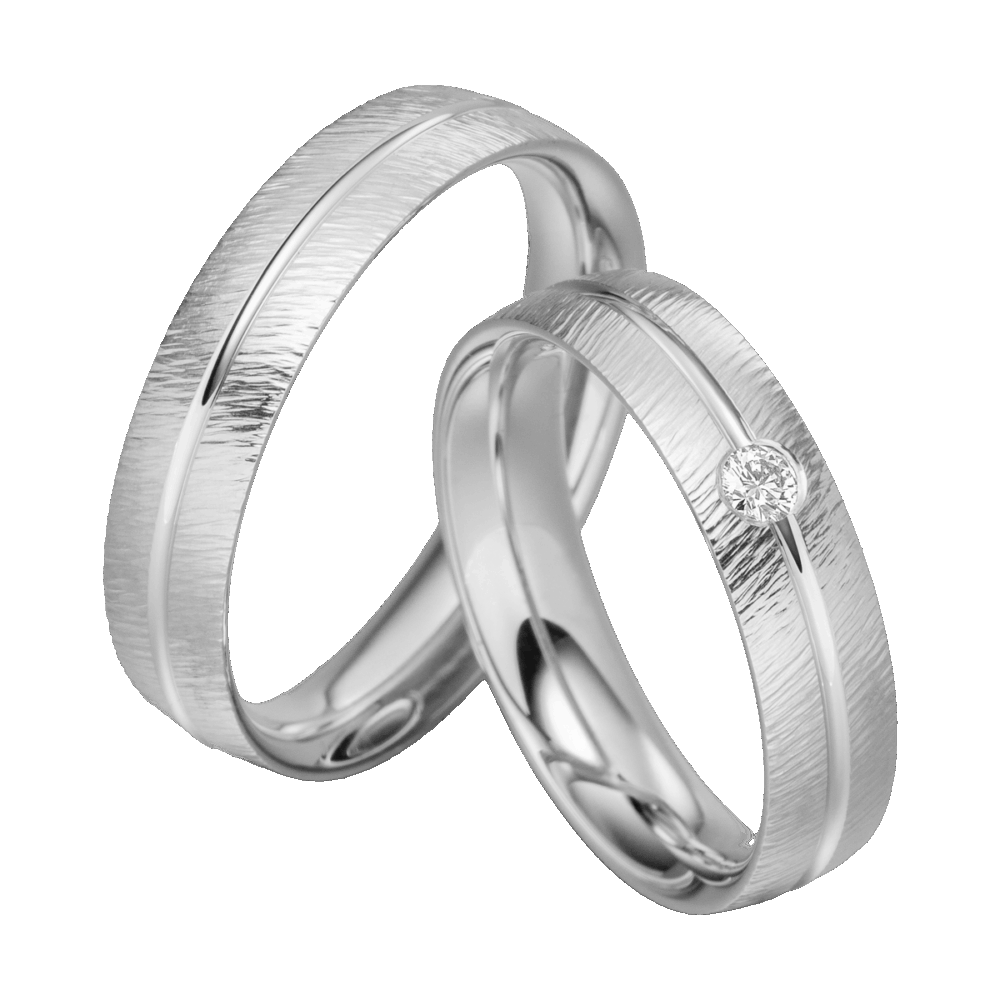 Trauringe Liebesmelodie aus Platin mit Spiralo-Design, mittlerer Glanzfuge und eingeriebenem Diamanten