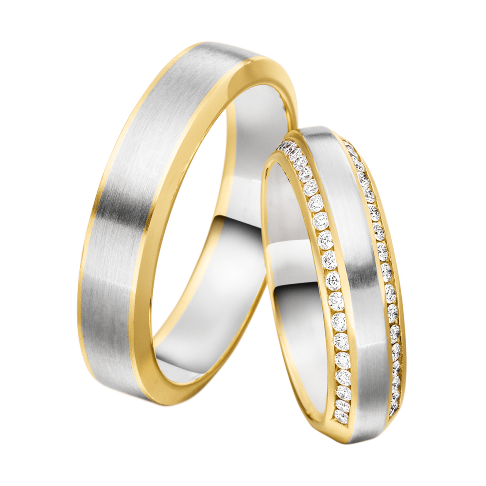 Verlobungsring in Weißgold und Gelbgold mit glänzender Kante und halbseitigem Brillantbesatz, elegant in Bicolor gestaltet
