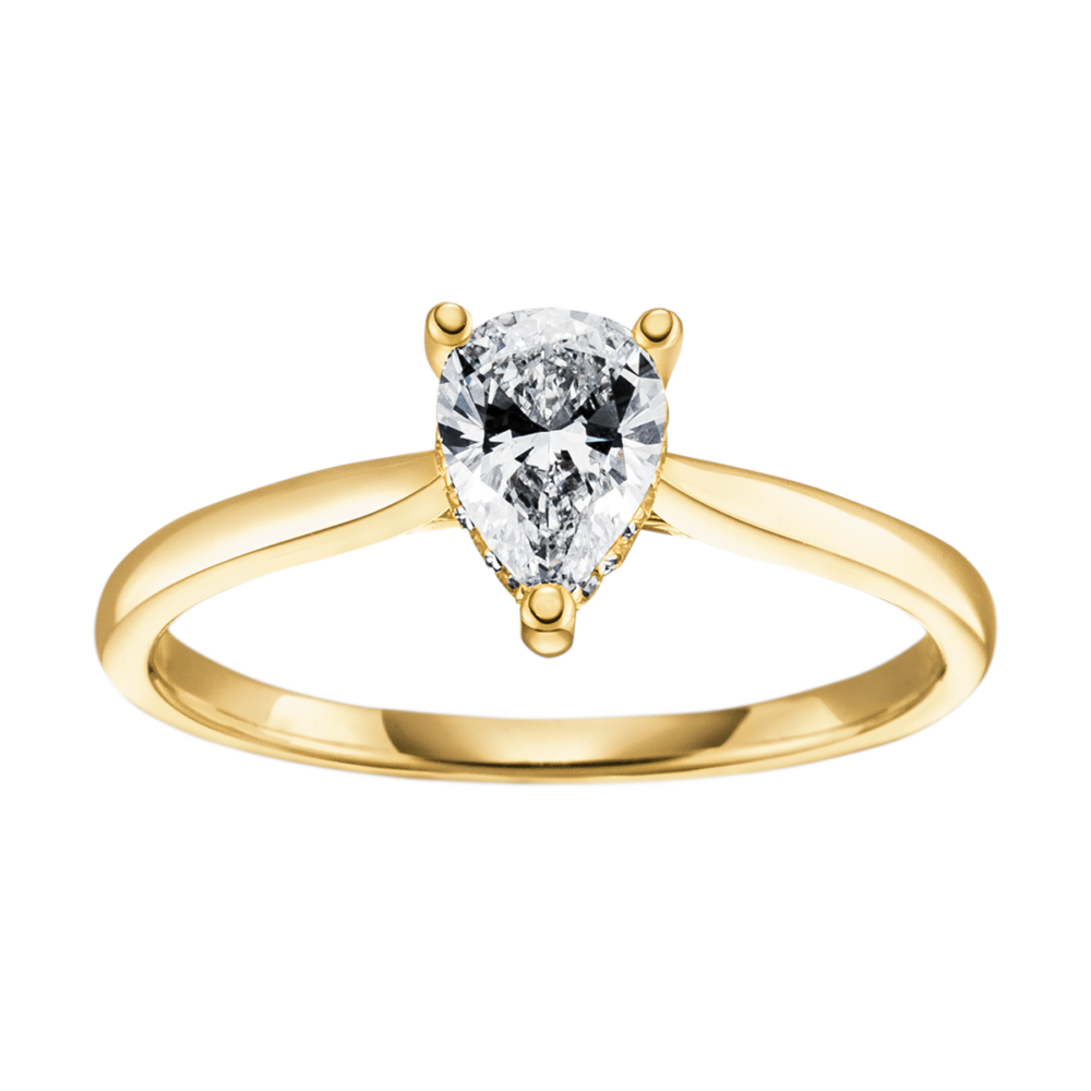 Gelbgoldring „Luckystar“ mit zentralem Diamant im Tropfenschliff und 14 seitlichen Brillanten – eleganter Sternenglanz in goldener Fassung