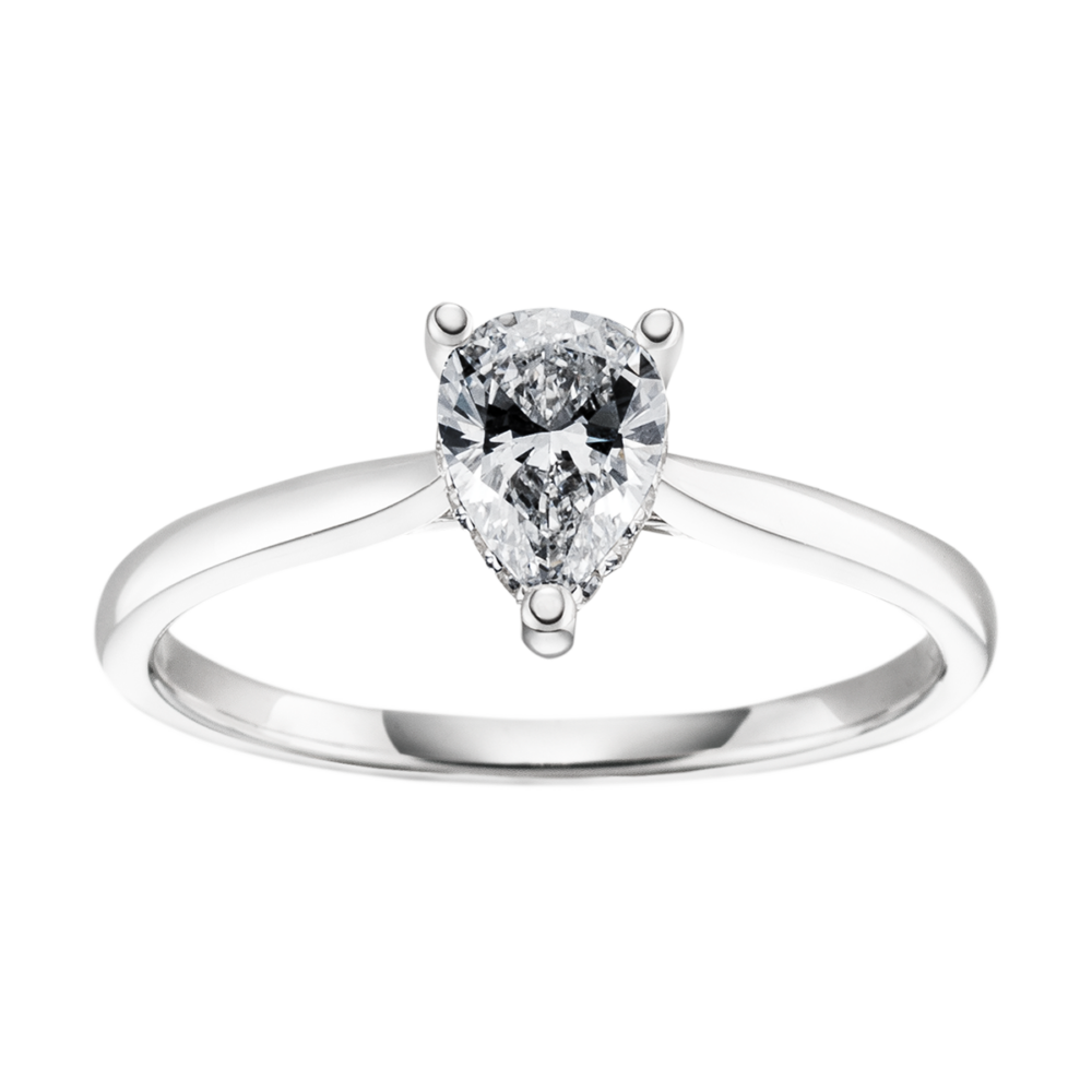 Platinring „Luckystar“ mit zentralem Tropfenschliff-Diamant, umgeben von zart eingefassten Brillanten – kühler Luxus trifft Sternenromantik