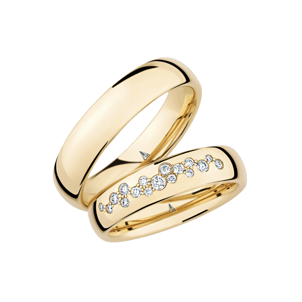 Elegante Gelbgold-Trauringe mit 17 Brillanten in floraler Anordnung und polierter Oberfläche