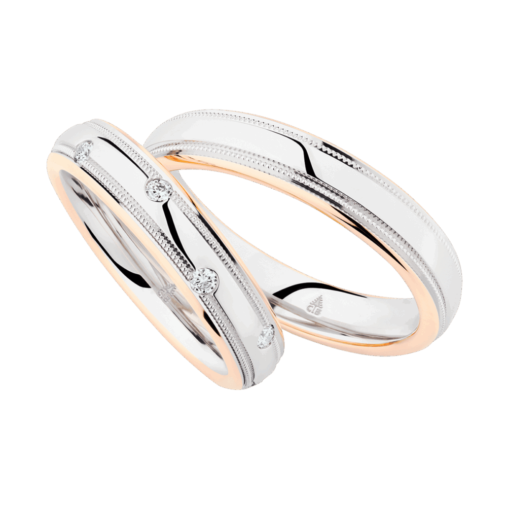 Bicolor-Ringe in Weißgold und Roségold mit elegantem Brillantverlauf und zarter Gravur