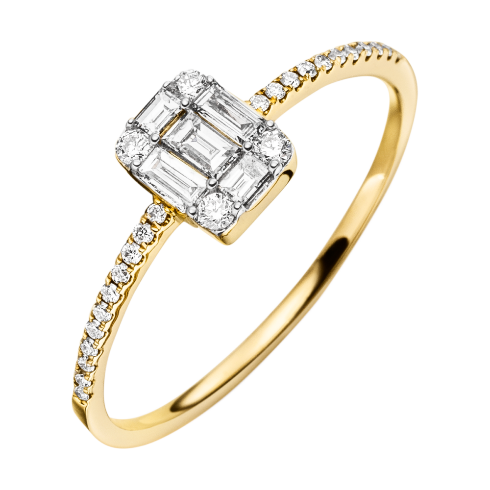 Gelbgoldring „Melody“ mit funkelnder Diamantkomposition in Kreuzform und halbseitig besetzter Ringschiene – luxuriöse Draufsicht
