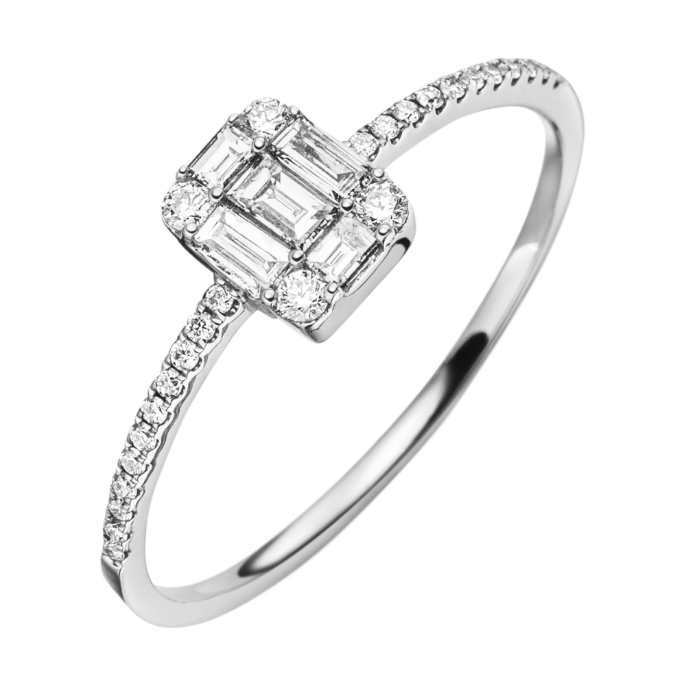 Weißgoldring „Melody“ mit zentralem Kreuz aus Baguettschliff-Diamanten und strahlenden Brillanten – elegantes Zusammenspiel von Form und Licht