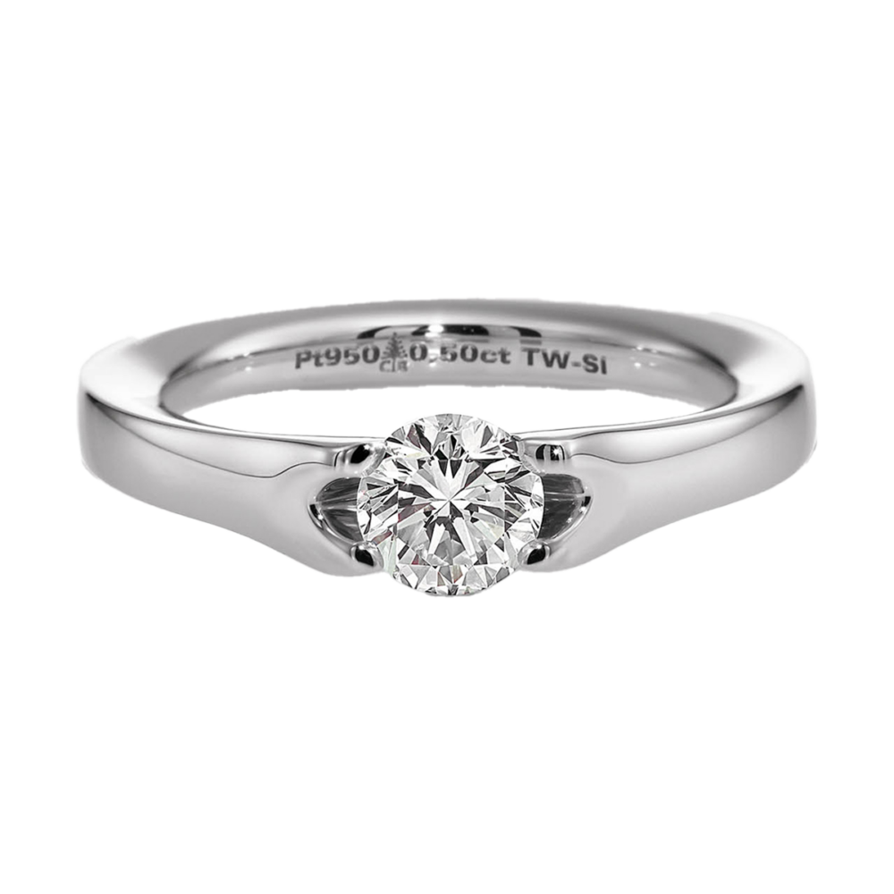 Verlobungsring „Morning Dew“ aus mattiertem Platin mit Brillant in vier Krappen – elegante Draufsicht mit strukturierter Hohlkehle